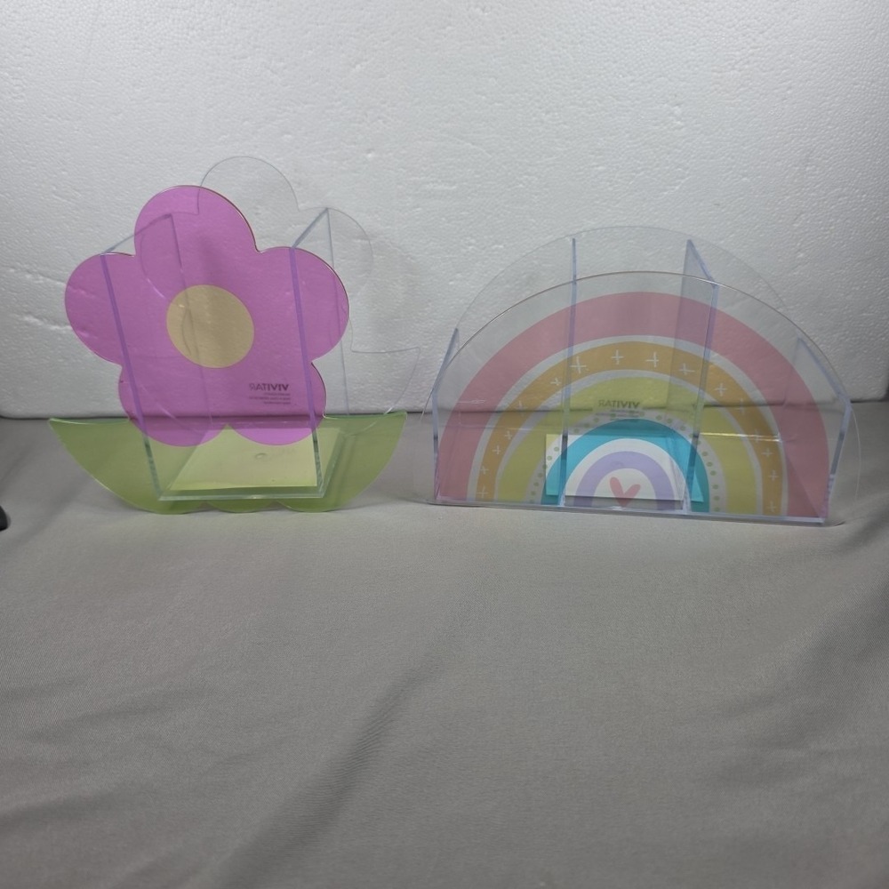 Kids Desk Organizers Clear Rainbow and Flower Catchall Set of 2